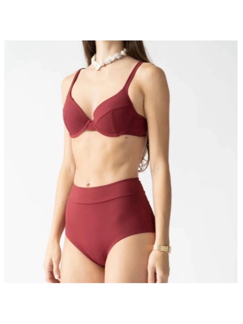NWT Mott50 High Waist Bikini Set 32C Top Small Bottom UPF 50+ Ribbed Mulberry